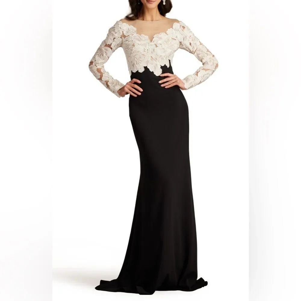 Tadashi Shoji Floral Lace Bodice Mixed Media Long Sleeve Gown